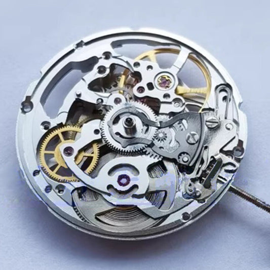 Tianjin 2824 hollow mechanical watch movement with silver finish, 3 hands, no calendar, precision engineering by China Made.