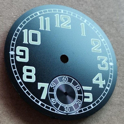 35mm black pilot watch dial featuring green luminous hands, designed for ETA6498 men's watch