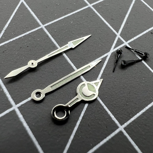 Black 12mm silver-trimmed green luminous watch hands for Miyota 0S60 movement.