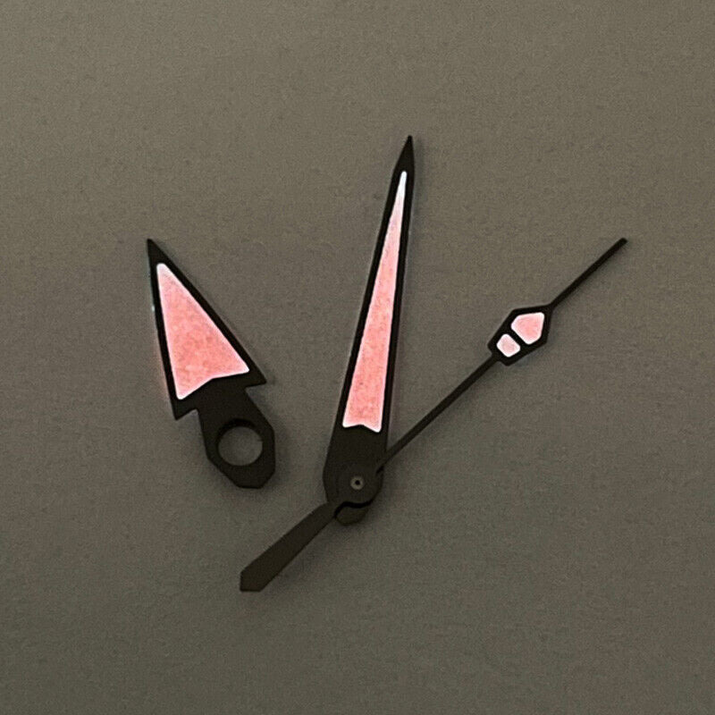 Red luminous watch hands set by New C3, precision fit for NH35/36/4R/6R movement, enhancing visibility.