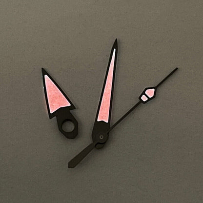 Red luminous watch hands set by New C3, precision fit for NH35/36/4R/6R movement, enhancing visibility.
