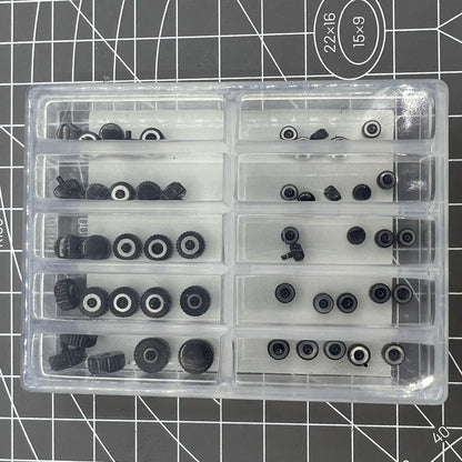 Assortment of 50 black waterproof stainless steel watch crowns for watch repairs.