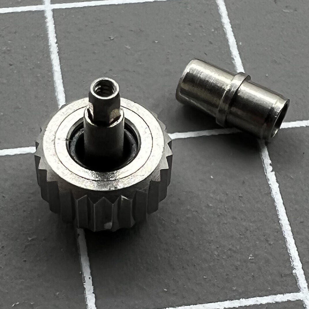 Polished 6.3mm silver watch crown with tube for OMEGA Seamaster 300, precision replacement part.