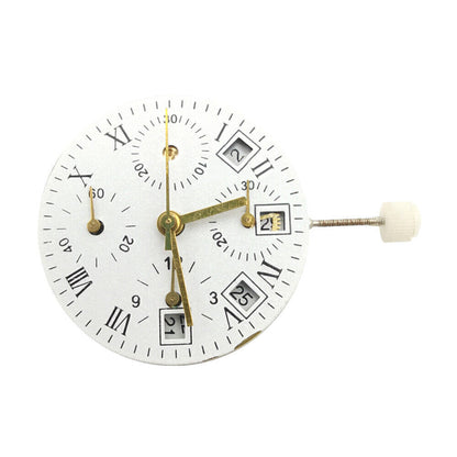 Asian 7750 automatic chronograph movement with white calendar at 4:30 and seconds subdial at 9, ETA 7750 caliber.