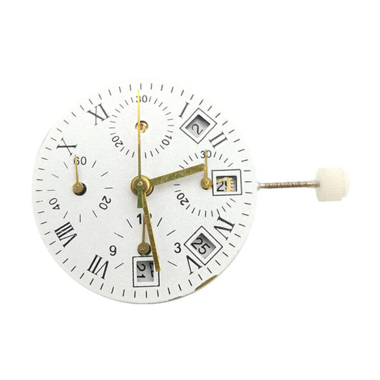 Asian 7750 automatic chronograph movement with white calendar at 4:30 and seconds subdial at 9, ETA 7750 caliber.