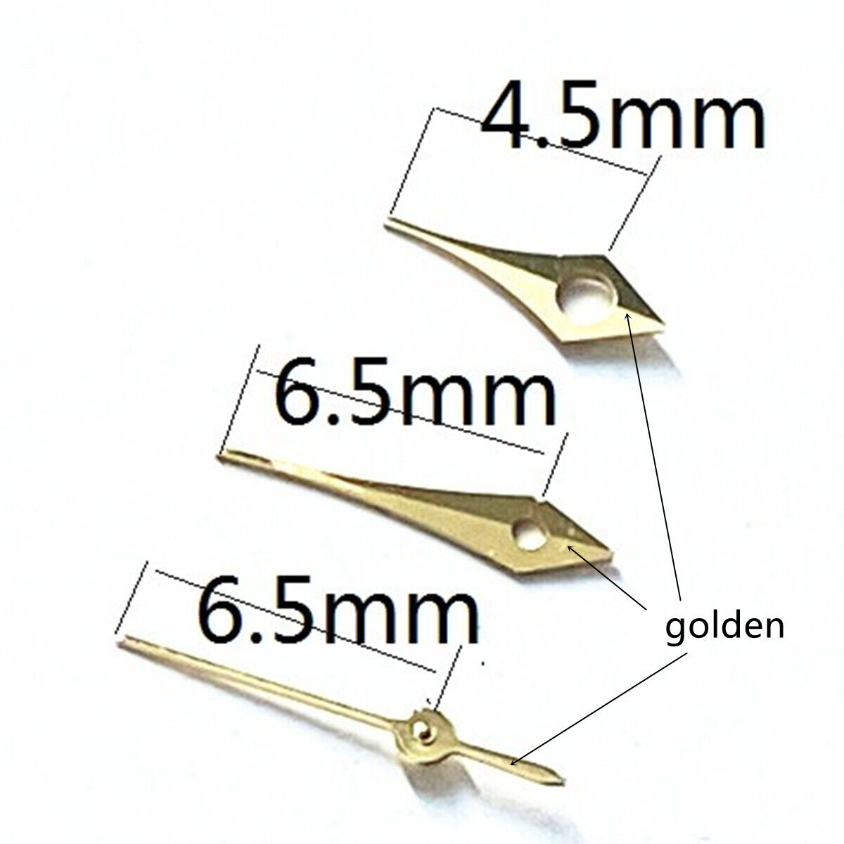 Golden pointed 6.5mm watch hands with trim, compatible with Miyota 2315 2035 2036 2115 2305 movements.