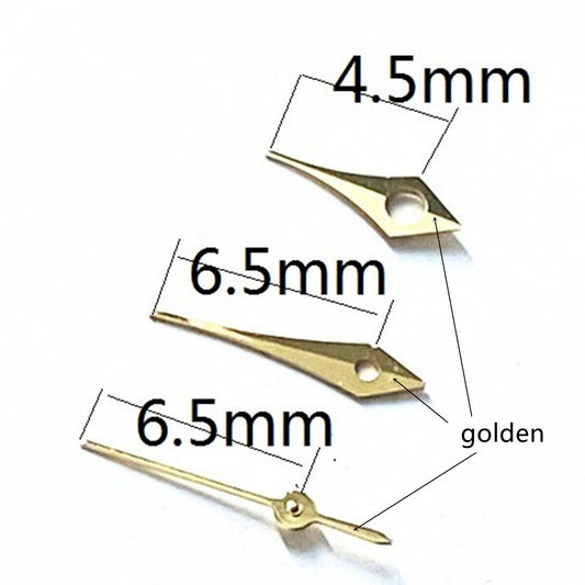 Golden pointed 6.5mm watch hands with trim, compatible with Miyota 2315 2035 2036 2115 2305 movements.