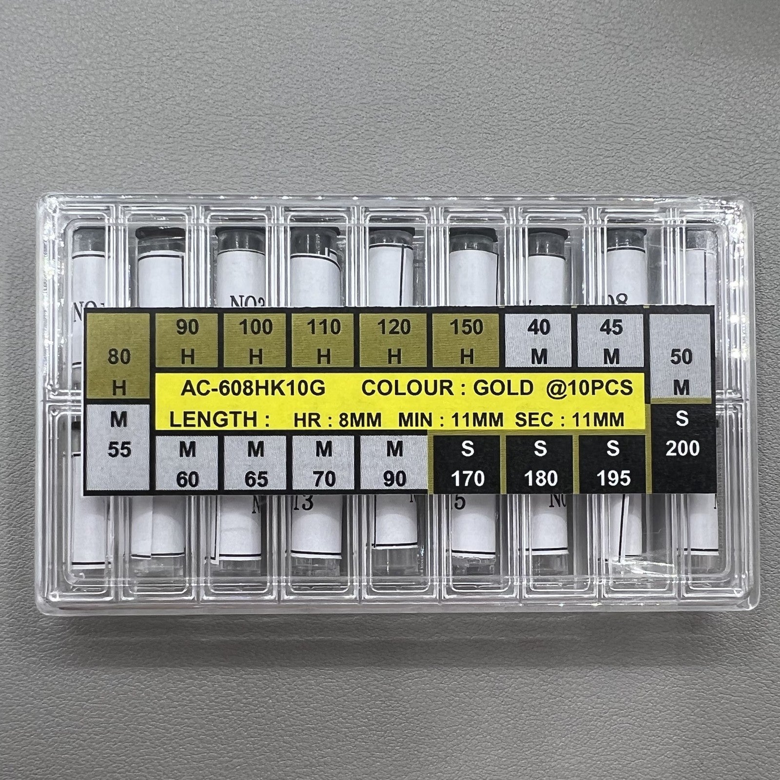 Golden watch hands set in 18 sizes for hour, minute, and second hands, ideal for precise watch repairs.