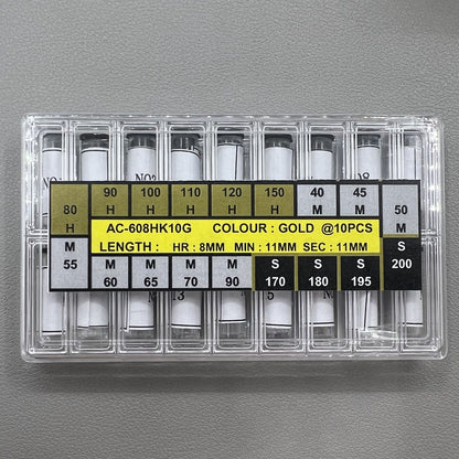 Golden watch hands set in 18 sizes for hour, minute, and second hands, ideal for precise watch repairs.