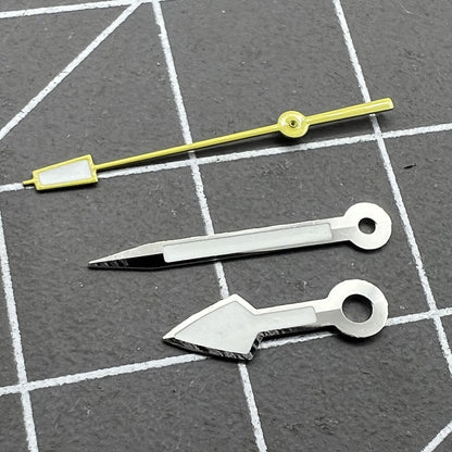 Arrow silver trim watch hands with yellow second hand and green lume for NH35 NH36 movements.