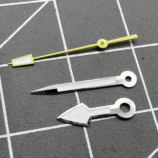 Arrow silver trim watch hands with yellow second hand and green lume for NH35 NH36 movements.