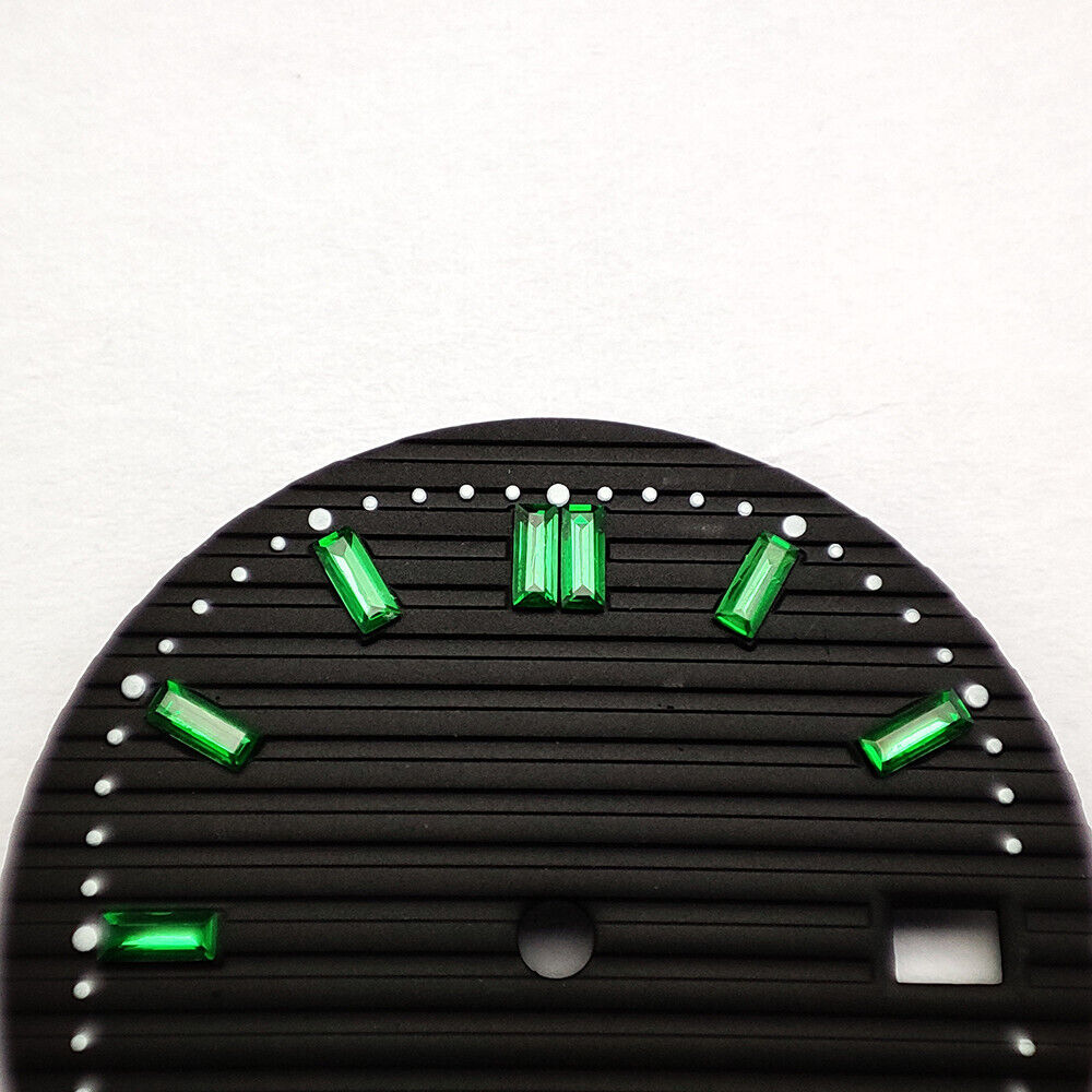 29.8mm black watch dial with green imitation gemstone accents, compatible with NH35 movement, elegant design.