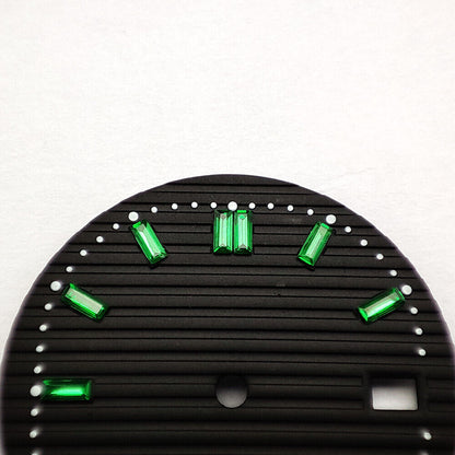 29.8mm black watch dial with green imitation gemstone accents, compatible with NH35 movement, elegant design.