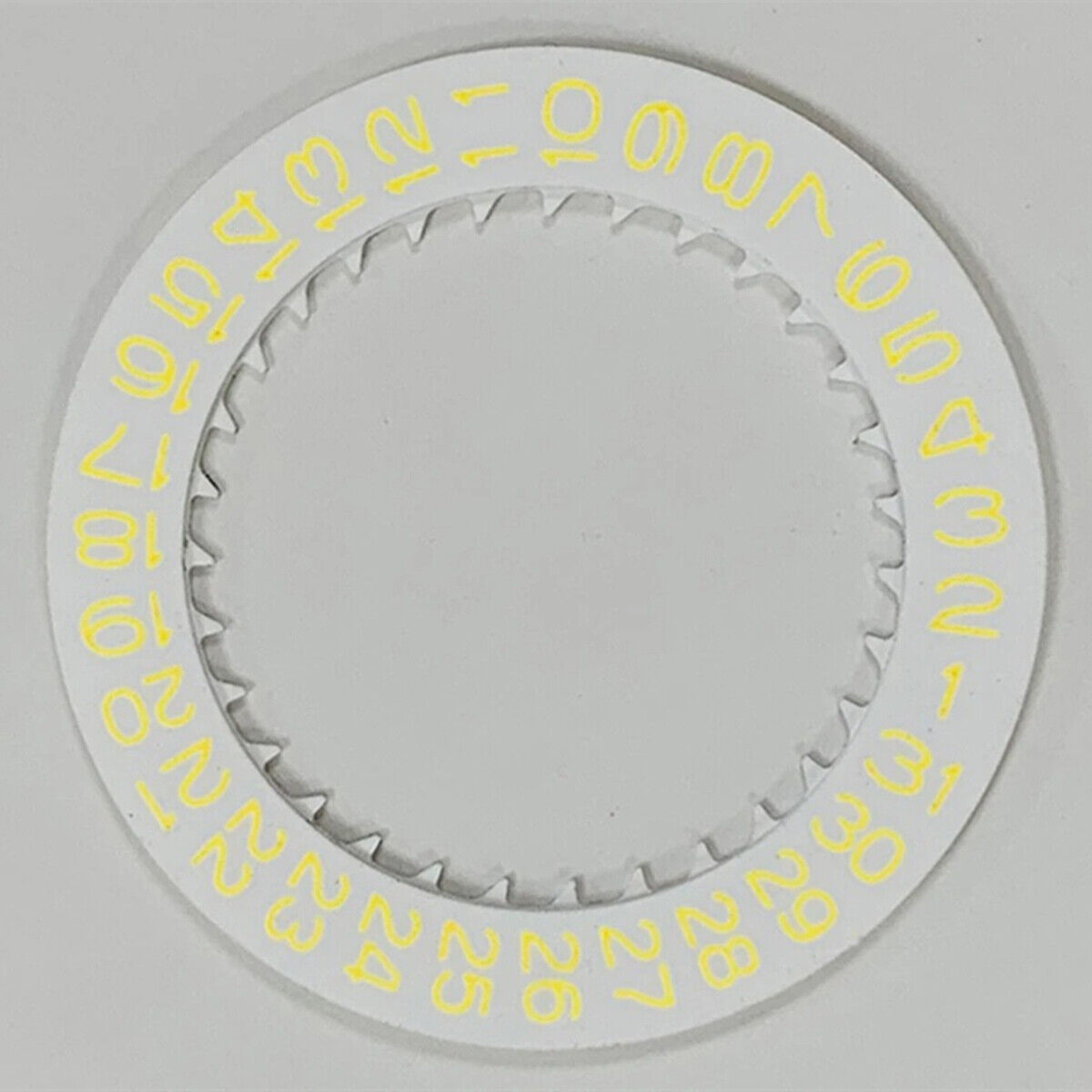 Yellow font date disk wheel for NH35 watch movement on white background, enhancing timepiece functionality.