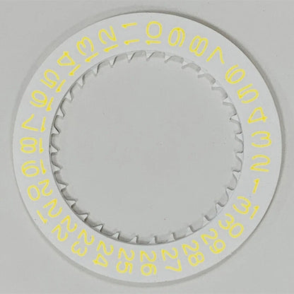 Yellow font date disk wheel for NH35 watch movement on white background, enhancing timepiece functionality.