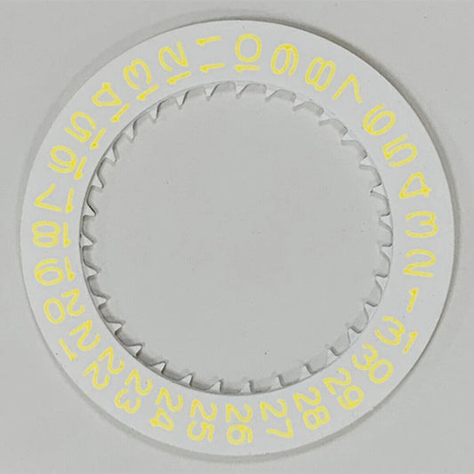 Yellow font date disk wheel for NH35 watch movement on white background, enhancing timepiece functionality.