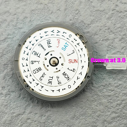 Japan Made NH36 automatic watch movement with Arabic date dial, crown at 3 o'clock for precise timekeeping.