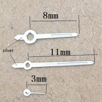 Pair of silver trim green luminous watch hands, 11mm for Miyota 1L45 movement by Brand Quality.