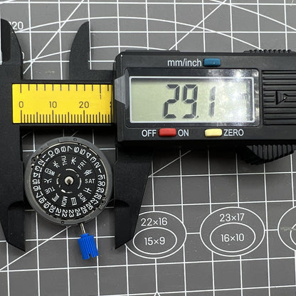 Miyota NH36A watch movement with black finish, green lume, and three crown settings for accurate timekeeping.