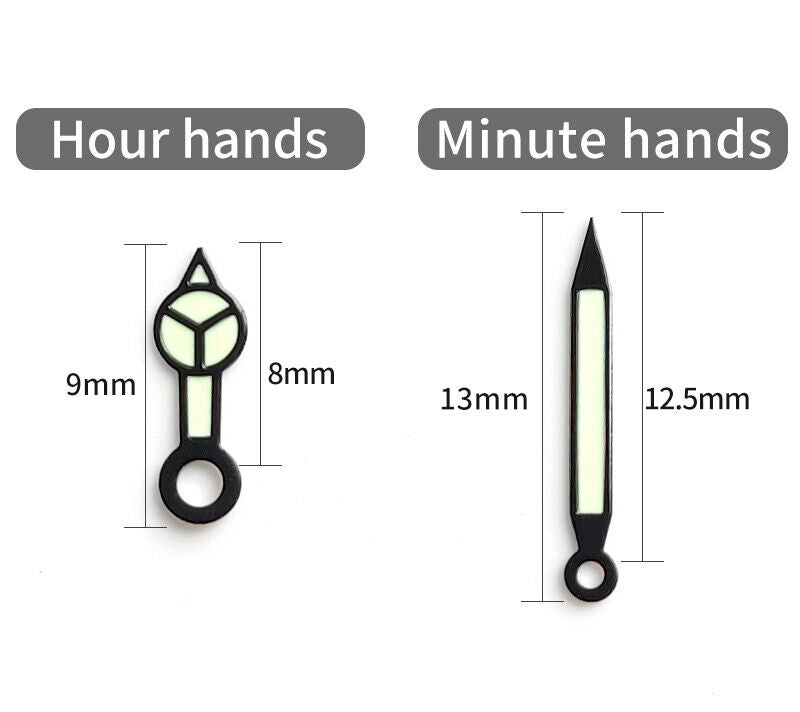 Green luminous watch hands set with pins for SKX007/009 NH35 movement, improving dial readability in low light.