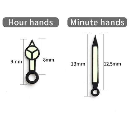 Green luminous watch hands set with pins for SKX007/009 NH35 movement, improving dial readability in low light.