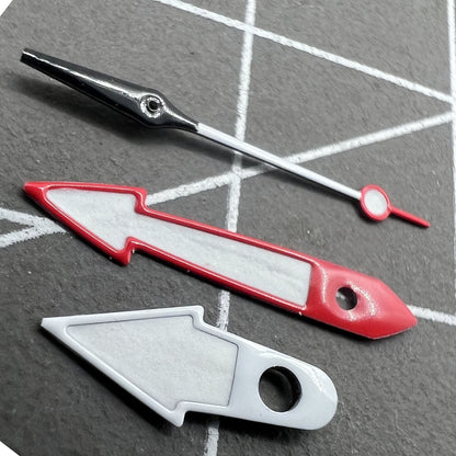 Red and white arrow-shaped watch hands with green luminous trim, compatible with NH35 NH36 movement.