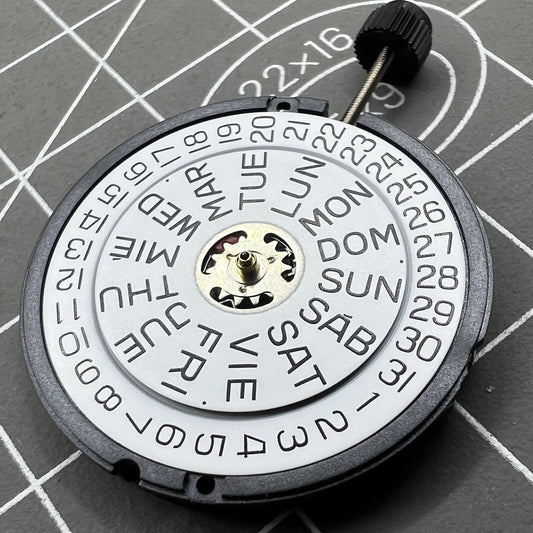 Swiss ETA 805.112 quartz watch movement displaying 3 hands and date window at 3 o'clock.