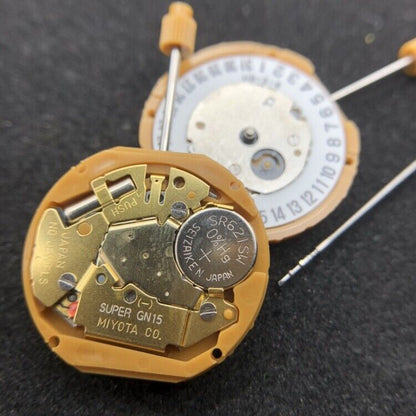 Miyota GN15 quartz watch movement with date display at 3 and 6 o'clock, precision timekeeping.