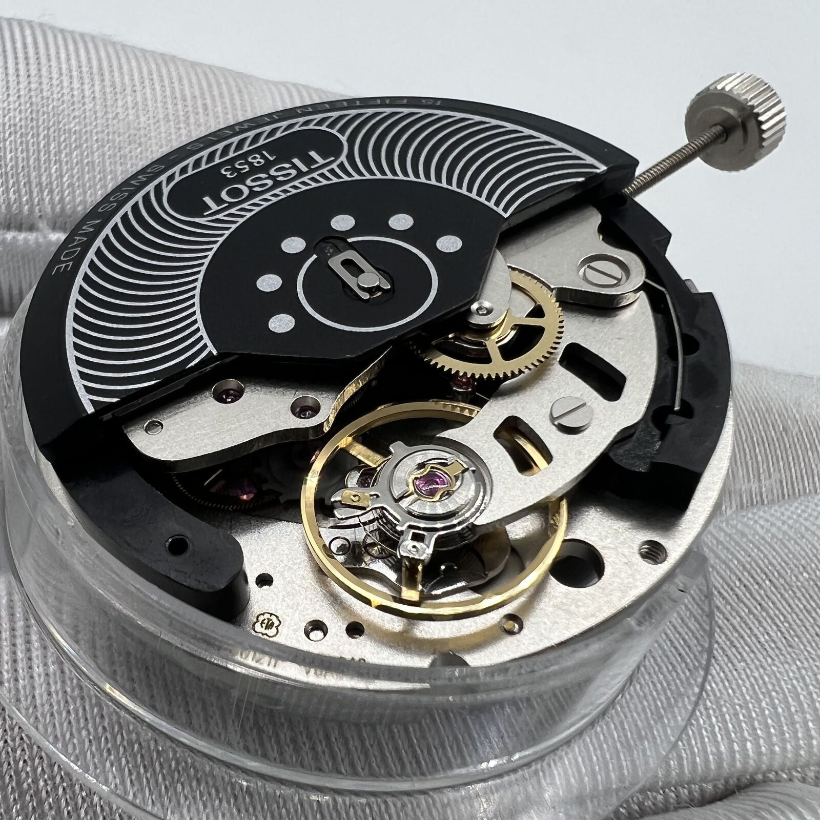 Swiss Made ETA C01.211 chronograph watch movement with 1853 black dial, ideal for precision timekeeping and watch repairs.