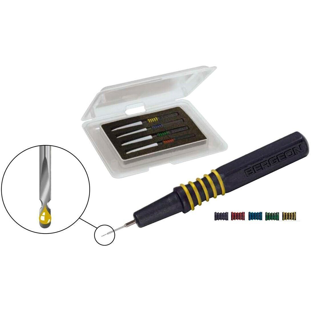 Bergeon 7013-4 metal dip oilers set for precise watch oiling with ergonomic grip, perfect for watch repair tasks.