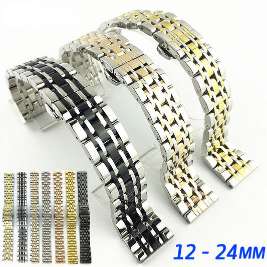 Bracelet de montre en acier inoxydable doré/noir/rose doré de 12 à 24 mm 
