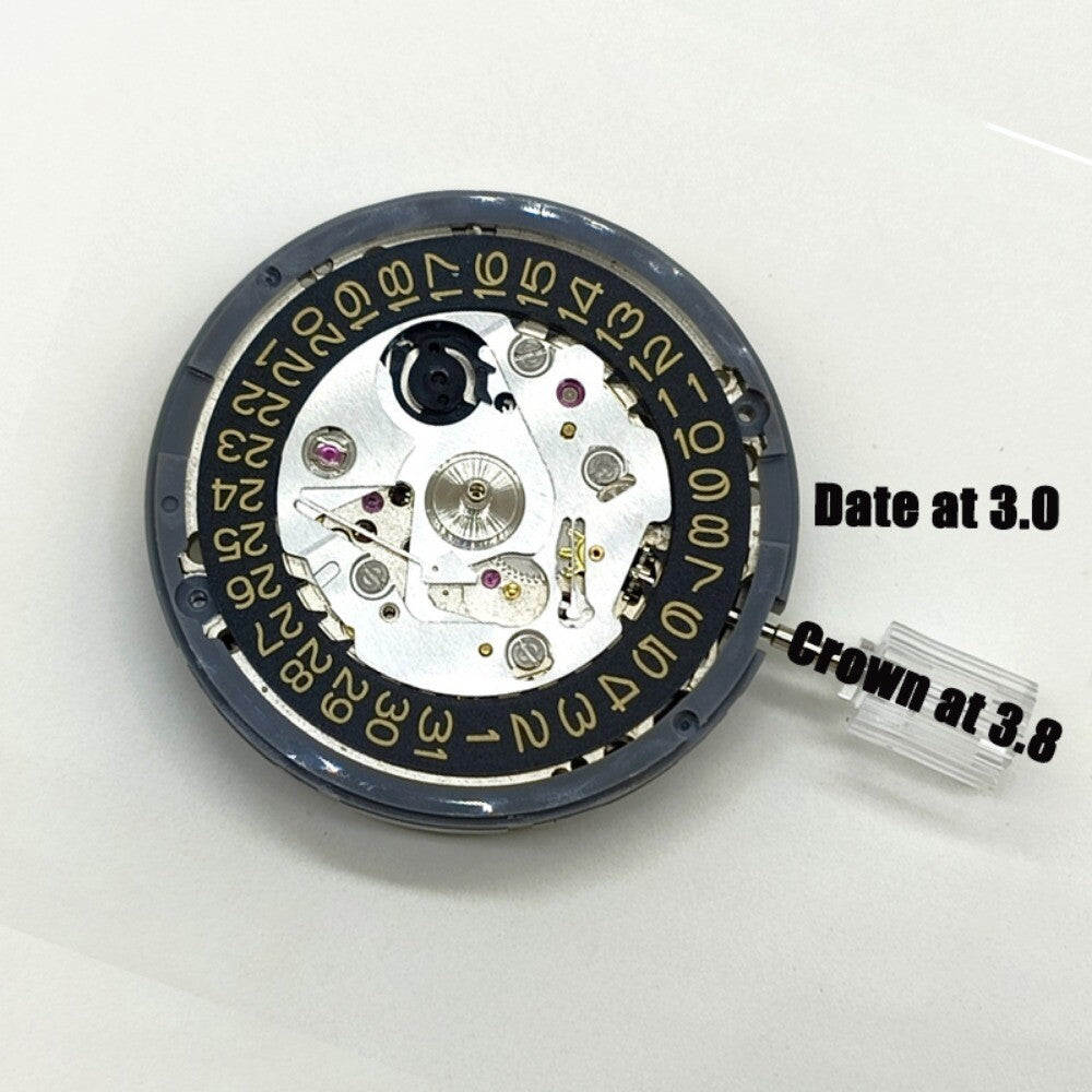 Close-up of NH35A automatic mechanical movement with golden date, crown at 3 o'clock, for SKX007 watch models.
