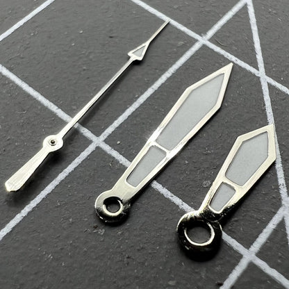 Arrow shape 12mm silver trim watch hands compatible with Miyota 2315, 2035, 2036.