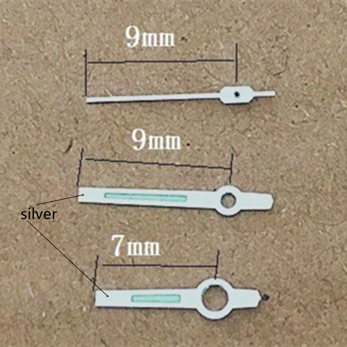 Silver trim green luminous 9mm watch hands for Orient 46941 46943 movement, precise fit and glow effect.