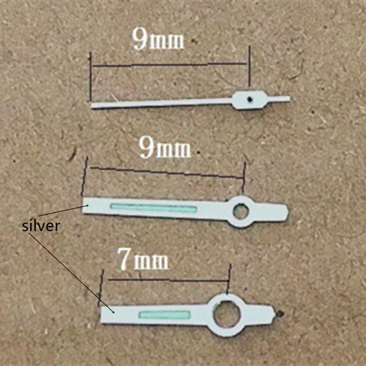 Silver trim green luminous 9mm watch hands for Orient 46941 46943 movement, precise fit and glow effect.