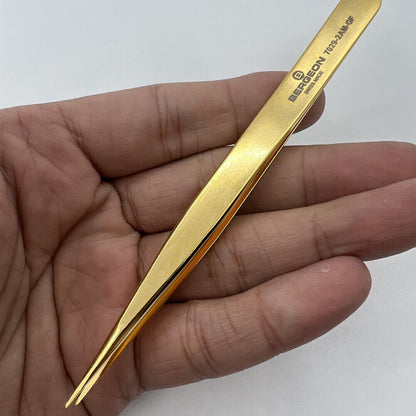 Bergeon 7029-2AM-GF gold plated antimagnetic brass tweezers for precise watch repair and accessories handling.
