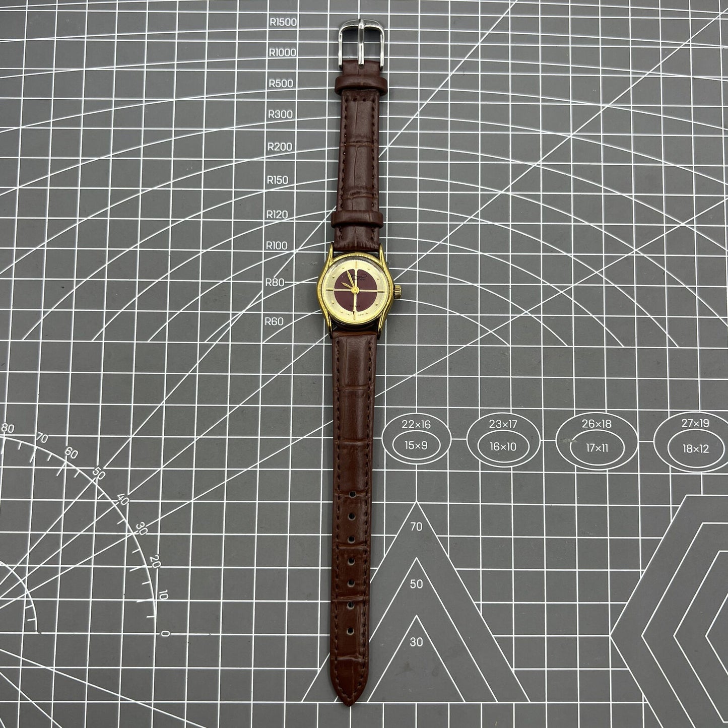 Brown 26mm Liaocheng TAISHAN manual mechanical lady watch with 19 jewels and golden nail details