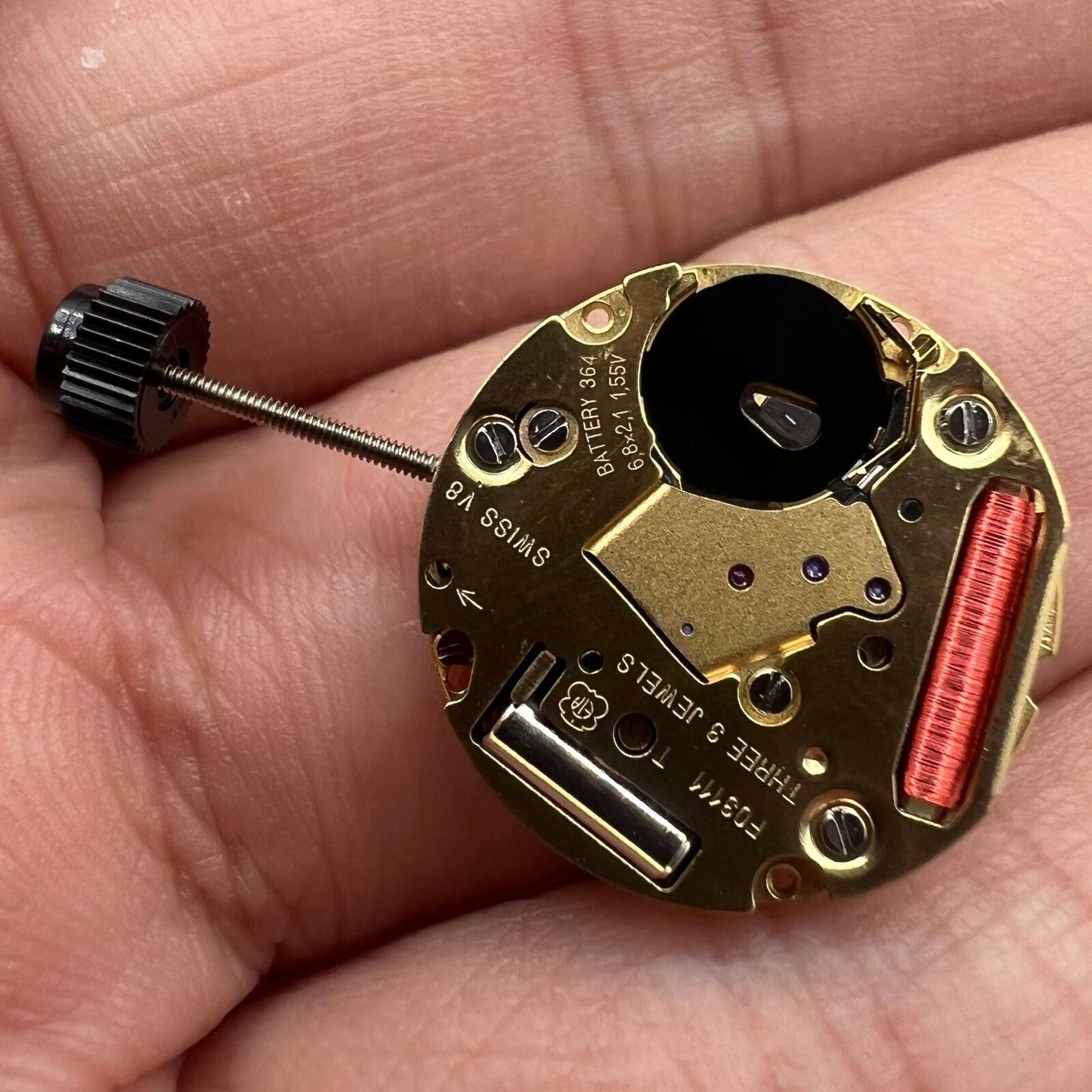 ETA F03.111 Swiss quartz watch movement showing 3 hands and date window at 3 o'clock slot