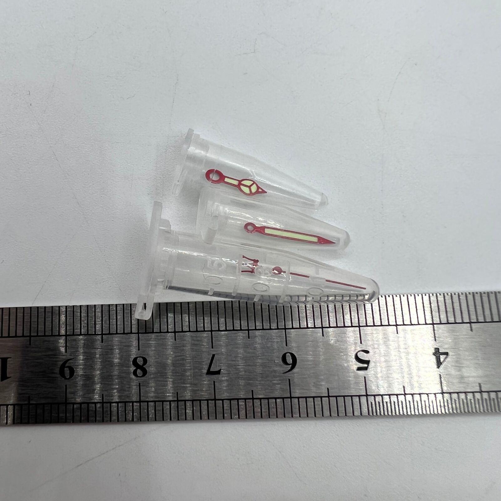 Red Fork watch hands with green lume and red trim, compatible with NH35/NH36 for SKX007 SBBN models.