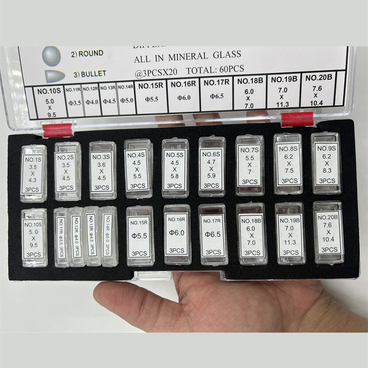 Different shape date lens for watches, mineral glass, 3 sizes, 60 pieces per box by KG-6021-DLF.