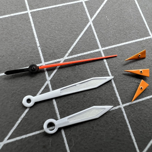 Orange 14mm watch hands with silver trim and green luminous centers, compatible with Miyota 0S10 movement.