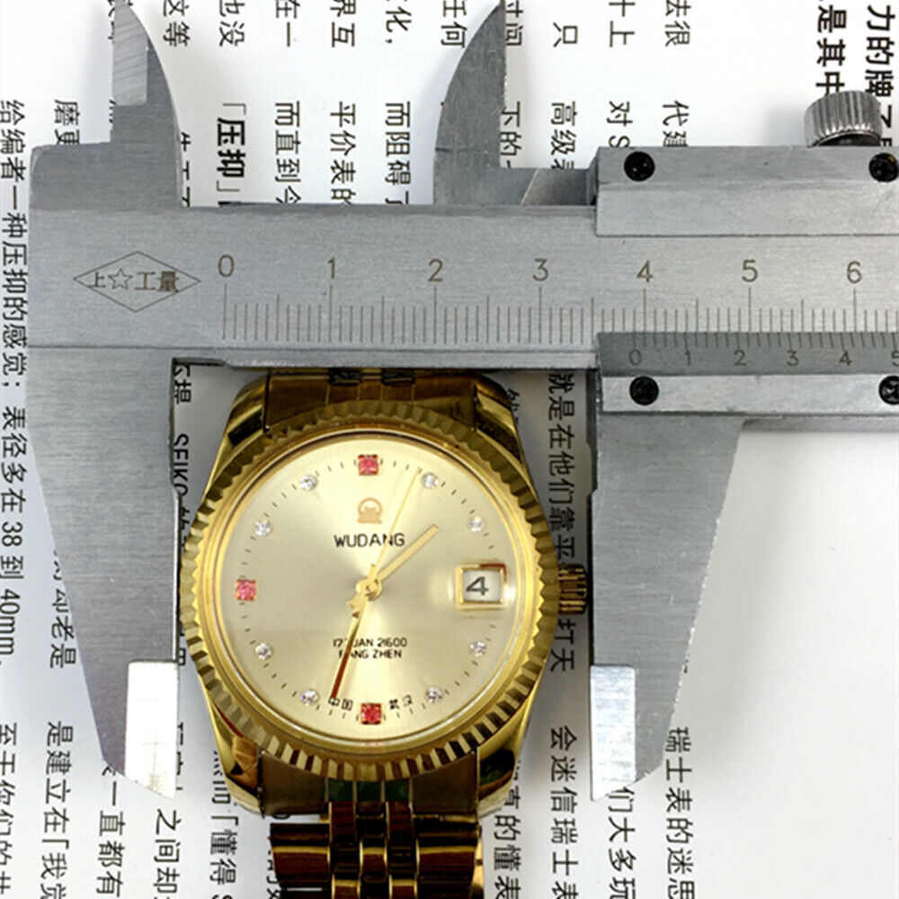 38mm Wudang Steel mechanical watch with golden dial, single calendar, 17 jewels, elegant style for daily wear.