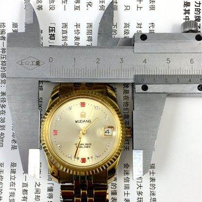 38mm Wudang Steel mechanical watch with golden dial, single calendar, 17 jewels, elegant style for daily wear.