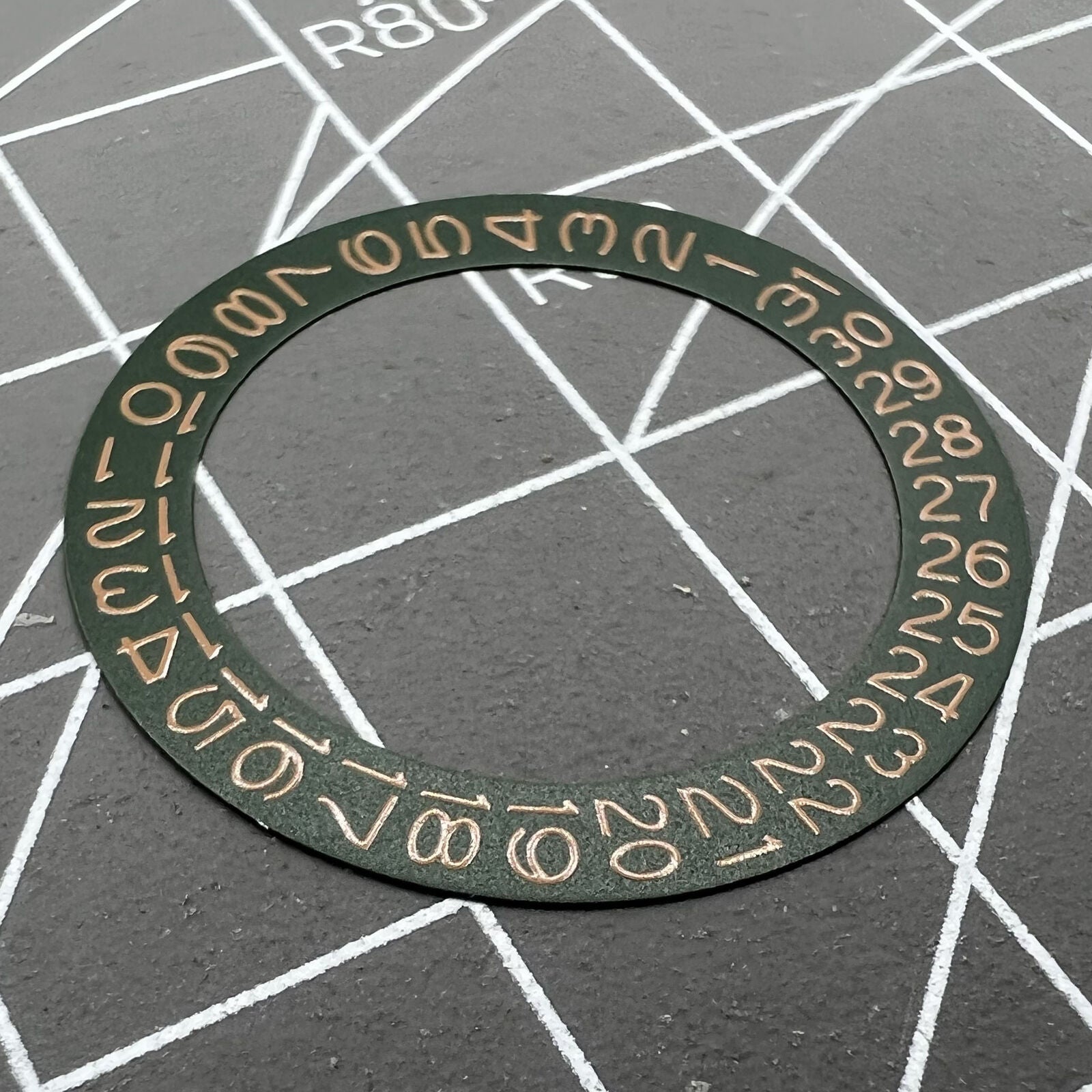 Dark hunter green background date wheel with ochre brown font for Miyota NH35 NH36 watches.