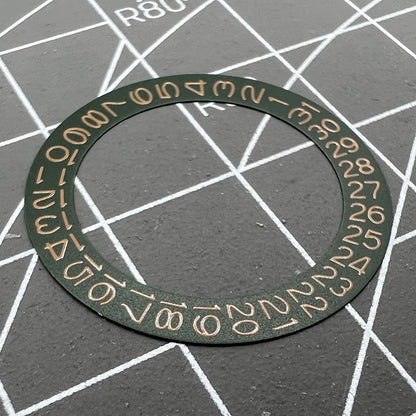 Dark hunter green background date wheel with ochre brown font for Miyota NH35 NH36 watches.