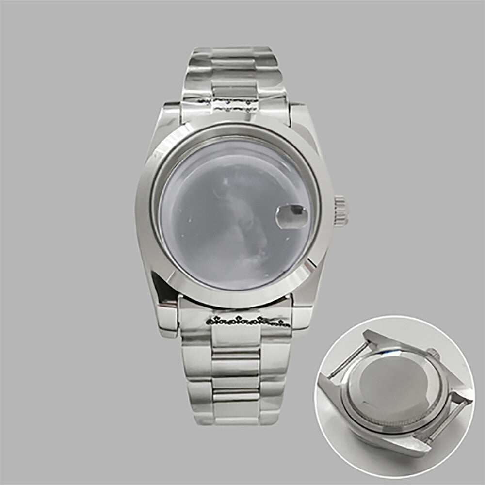 36mm stainless steel watch case and strap with transparent calendar window, compatible with NH35/36 movements.