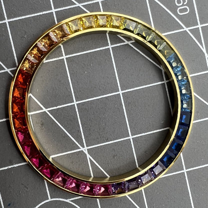 39mm golden trim watch bezel with imitation diamond gemstones for VK63 movement.