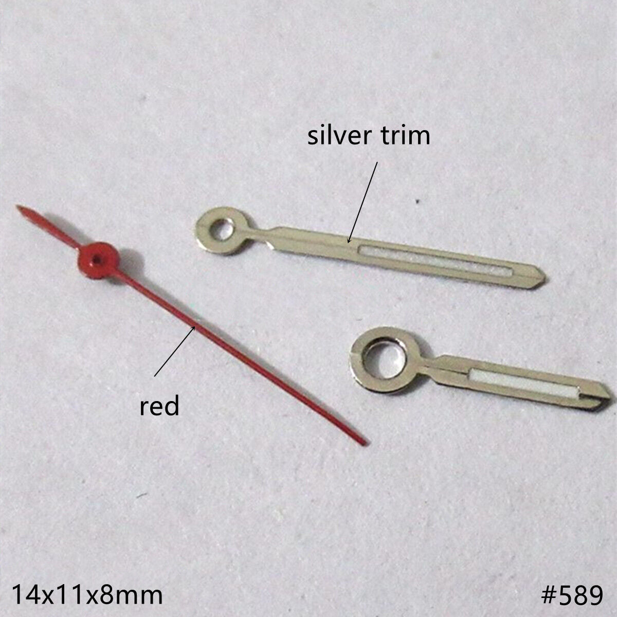 14mm silver-trimmed green lume watch hands set compatible with Miyota 2035, 2115, 2105, 2305 movements.