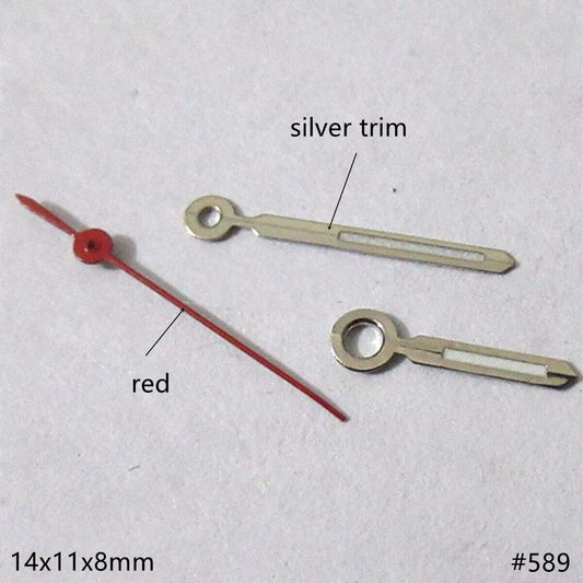 14mm silver-trimmed green lume watch hands set compatible with Miyota 2035, 2115, 2105, 2305 movements.