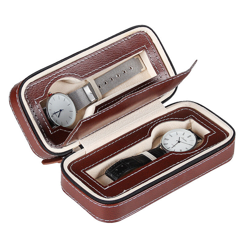 Compact portable jewelry watch storage box with 2 compartments and durable zipper.
